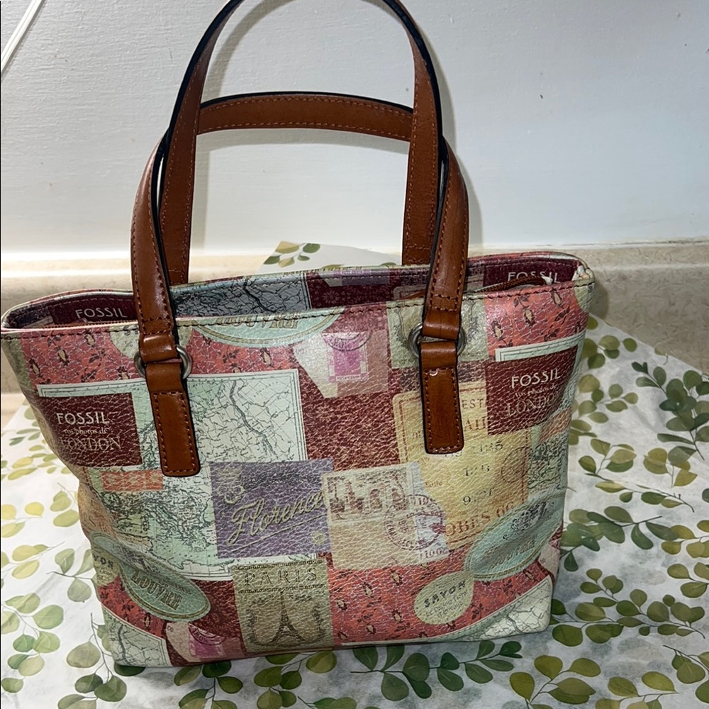 Fossil Brown Patchwork Tote Bag with Leather Handles
